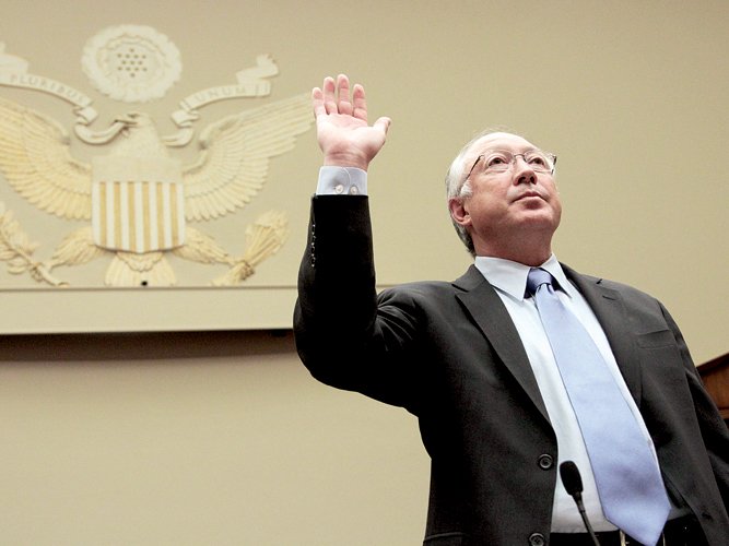 Department of the Interior Secretary Ken Salazar is sworn in during a House Subcommittee on Oversight and Investigations and the Subcommittee on Energy and Environment joint hearing on the role of the Interior Department in the Deepwater Horizon disaster on Capitol Hill in Washington, Tuesday, July 20, 2010. 