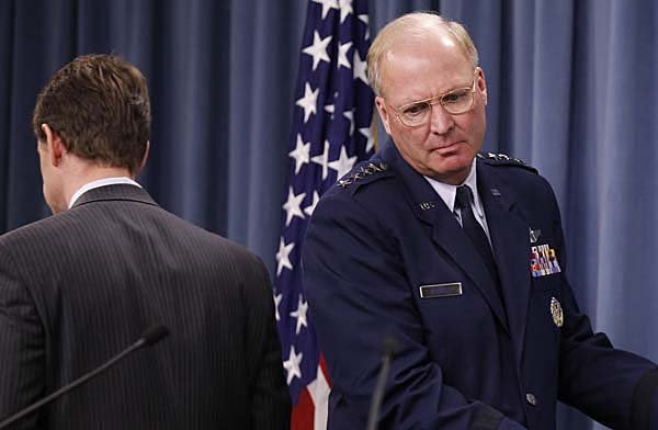National Guard Bureau Chief Gen. Craig McKinley (right) takes the podium at the Pentagon in Washington as Immigration and Customs Enforcement Director John Morton finishes during a Monday news conference to discuss a forthcoming National Guard deployment to Southwestern states bordering Mexico.