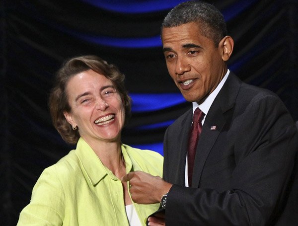 President Barack Obama gives Sen. Blanche Lincoln of Arkansas an assist on the financial overhaul legislation he signed Wednesday in Washington. “We couldn’t have done it without Blanche Lincoln,” he told the cheering crowd.