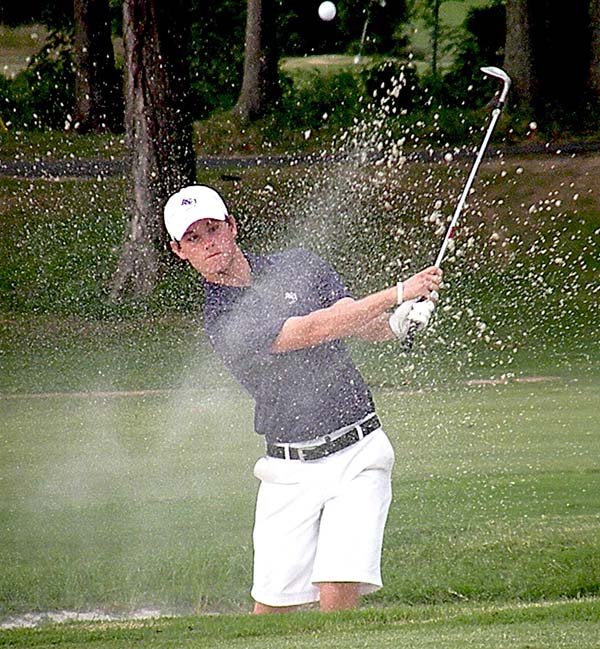Little Rock’s Alex Carpenter hits out of the 17th bunker during the Maumelle Classic. Carpenter holed out the shot for a birdie, but was later forced to take a two-stroke penalty and lost by one stroke.
