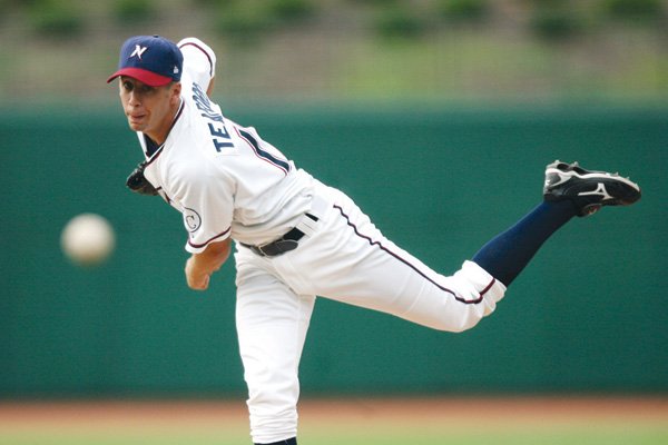 Northwest Arkansas starter Everett Teaford pitches against Springfield on Monday in Arvest Ballpark in Springdale.