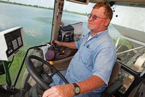 James Willard drives a tractor Tuesday that shoots pellets of feed to catfish at Lowery Aqua Farms Inc. near Newport. About 25 percent of the farm’s 450 acres of ponds have been taken out of production.