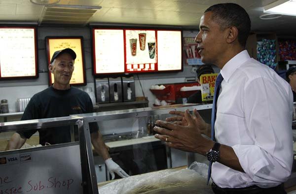 President Barack Obama places his order Wednesday at the Tastee Sub Shop in Edison, N.J., before a meeting with small business owners.
