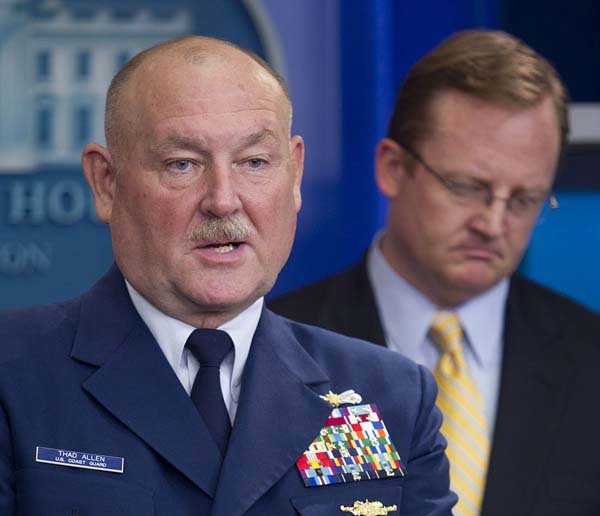  Admiral Thad Allen, U.S. Coast Guard National Incident Commander, left, and Robert Gibbs, White House press secretary, speak to the media in the briefing room of the White House in Washington, D.C., U.S., on Wednesday.