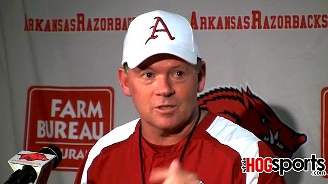 Arkansas Coach Bobby Petrino reacts to KAKS radio personality Renee Gork after answering a question during a news conference Saturday. Video of the entire press conference can be viewed on WholeHogSports.com.