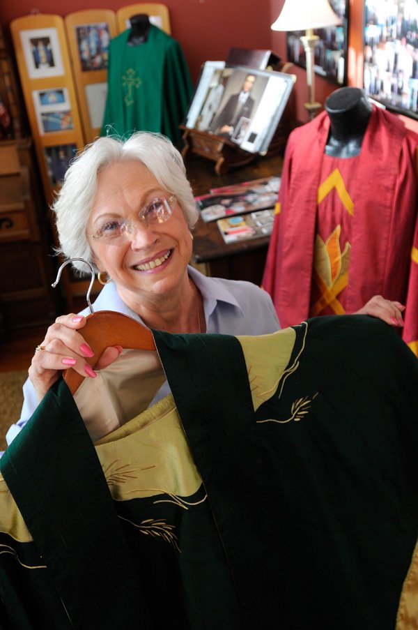 RELIGIOUS DRESSINGS - Ruth Davis, owner of Holy Orders Liturgical Threads, has been designing and creating vestments and other religious dressings in her downtown Rogers business for nearly 23 years.
