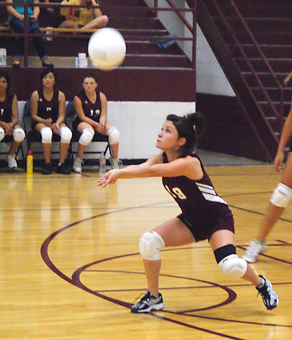 Gentry junior Sarah Tisdale receives a serve during Monday's match with Southwest City, Mo.