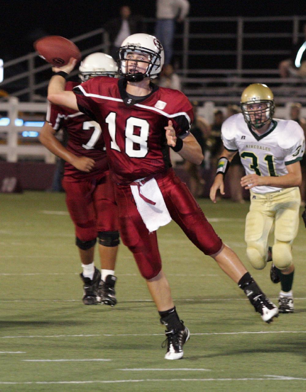 Special to the Arkansas Democrat-GazetteJEREMY SCOTTSpringdale's quarterback Joseph Calcagni passes during the first half Friday night in Springdale against Alma.