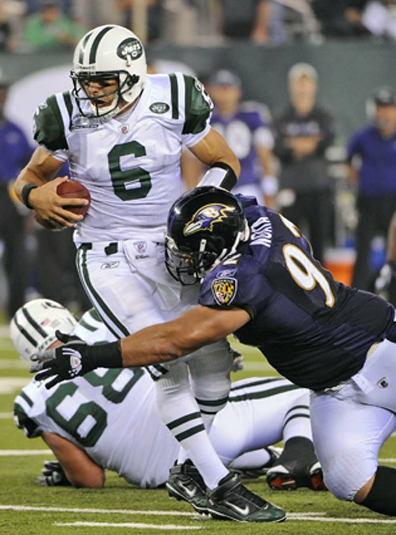 13 September 2010: Baltimore Ravens quarterback Joe Flacco (5) during the  second half of the Baltimore Ravens vs New York Jets game at the New  Meadowlands Stadium in East Rutherford, New Jersey