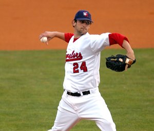 Travs pitcher Nick Adenhart on the mound in May 2007 at Dickey-Stephens Park in North Little Rock.