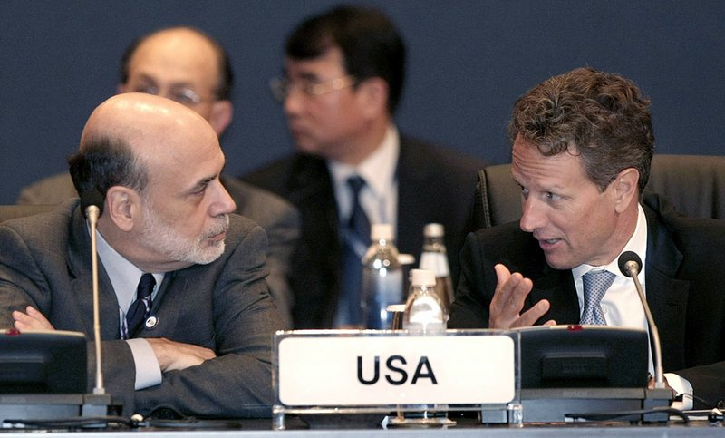 U.S. Treasury Secretary Timothy Geithner, right, talks with Federal Reserve Chairman Ben Bernanke during the G20 Finance Ministers and Central Bank Governors meeting in Gyeongju, South Korea, Friday, Oct. 22, 2010.