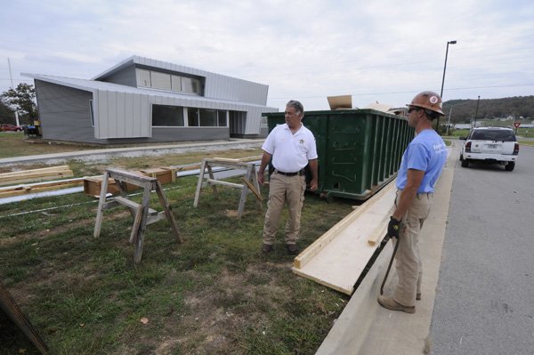 NEW SPACE - Roger Morris, left, Washington County Coroner, discusses the building of the new coroner’s facility Friday with Gene Dresel, uperintendant of the project.

