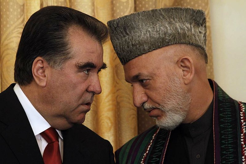 Afghan President Hamid Karzai talks with Emomali Rakhmon, the president of Tajikistan, on Monday in Kabul. 