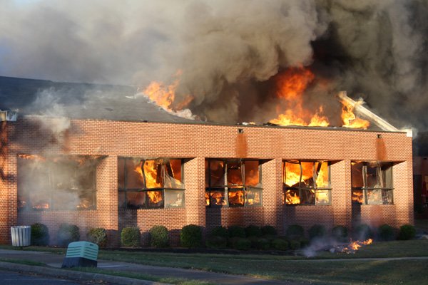 A fire burns in the Edwards Dining Hall at Lyon College in Batesville, Ark. on Tuesday, Oct. 26, 2010. Firefighters said there were no injuries as a result of the afternoon fire and the cause remains under investigation.