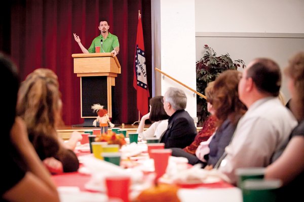 Brad Lacy, president and CEO of the Conway Chamber of Commerce and the Conway Development Corp., talks to members of the Jacksonville Chamber of Commerce about his successes and lessons from Conway’s development.