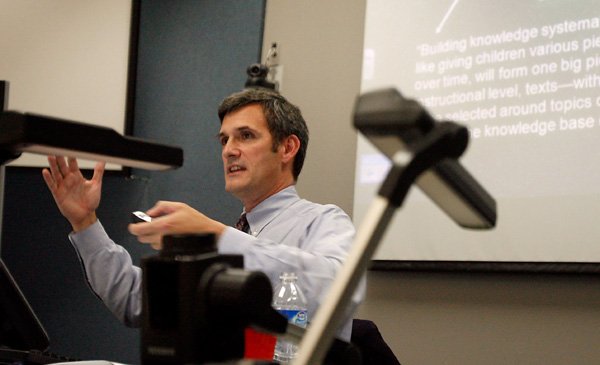 Robert Pondiscio of the non-profit group, Core Knowledge, speaks Friday at the University of Arkansas. Pondiscio discussed how following a core curriculum can impact school remediation needs.