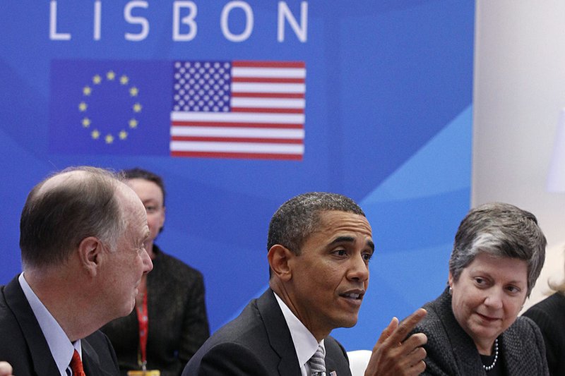 President Barack Obama is joined Saturday at the NATO summit in Lisbon, Portugal, by Secretary of Homeland Security Janet Napolitano and national security adviser Tom Donilon.

