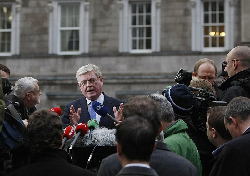 Ireland's Labour Party leader Eamon Gilmore speaks to the media outside Leinster House in Dublin, on Monday Nov. 22, 2010, where he gave his reaction to the the Green Party's call for a general election. 