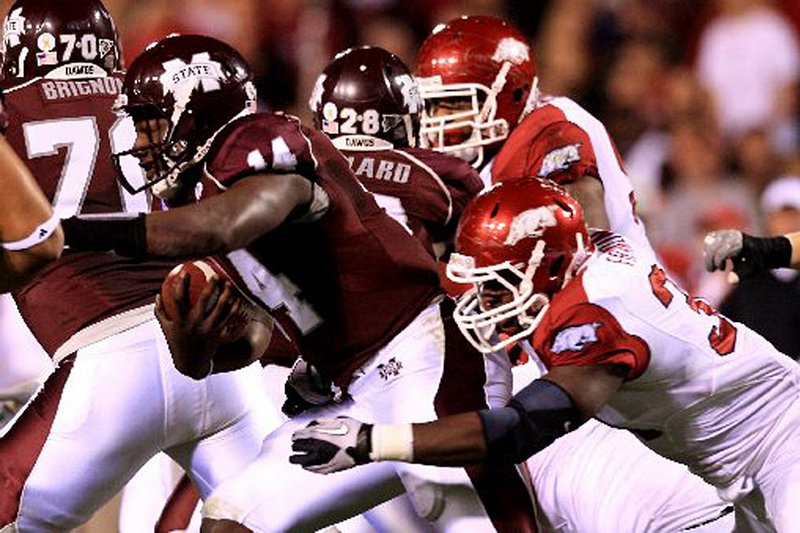  Arkansas linebacker Jerry Franklin had 20 tackles in the Razorbacks’ 38-31 double overtime victory at Mississippi State on Saturday. 