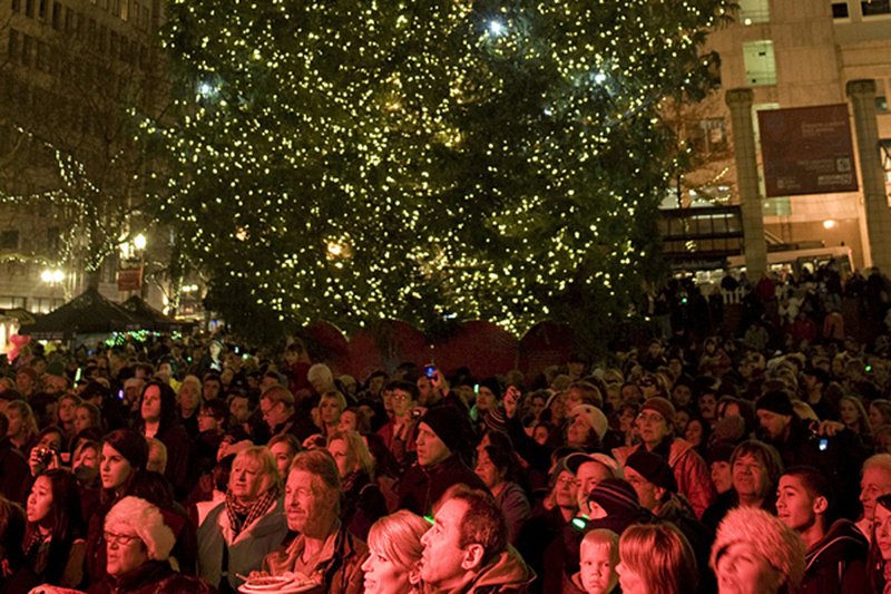 A crowd gathers Friday night for a Christmas tree-lighting ceremony on Pioneer Courthouse Square in Portland, Ore. A Somali-born teenager had plotted to set off a car bomb at the event but was arrested in a sting operation, officials said. 