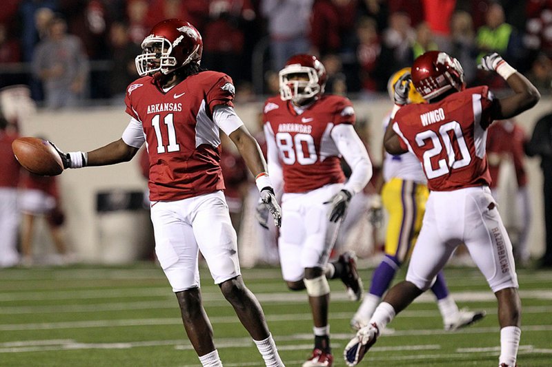 Arkansas’ Cobi Hamilton recovered the on-side kick with 1:58 left in the game to help seal Arkansas’ 31-23 victory over then BCS No. 5 LSU on Saturday at War Memorial Stadium in Little Rock. 