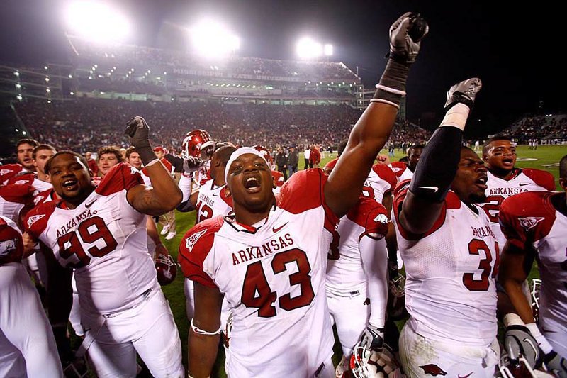 Arkansas defensive end Tenarius Wright and the rest of the seventh-ranked Razorbacks had plenty to celebrate this season, winning six consecutive games and finishing 10-2 after losing 65-43 to Auburn on Oct. 16. 