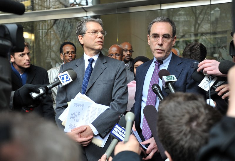 Steven T. Wax, right, federal public defender and Stephen R. Sady, the chief deputy public defender, speak to reporters following an appearance in federal court by terror suspect Mohamed Osman Mohamud on Monday, Nov. 29, 2010, in Portland, Ore. Authorities say Mohamud and an FBI operative parked a van full of dummy explosives on Southwest Yamhill Street across from Pioneer Courthouse Square just after sundown Friday while thousands gathered in the square for the annual tree lighting. Mohamud is accused of attempting to detonate the explosives.