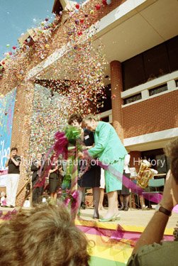 Billie Starr (left) and Helen Walton celebrate the grand opening of the Walton Arts Center in Fayetteville in 1992.