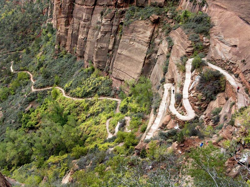 Climbing nearly 1,500 vertical feet, Angels Landing is very strenuous, yet well maintained, mostly concrete trail. Before you know it, you can look back and see the trail as it zig-zags upwards towards Refrigerator Canyon in Zion National Park near Springdale, UT.