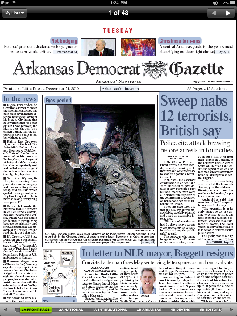 A screenshot shows the Arkansas Democrat-Gazette's new iPad application.