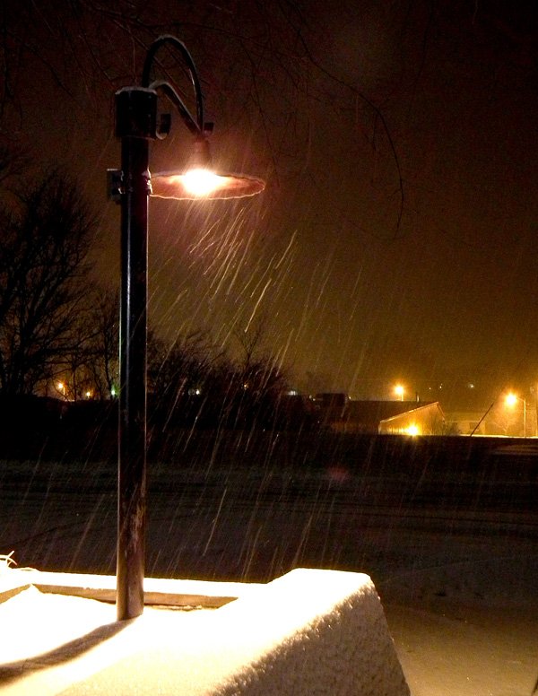 Snow fell in Decatur and the surrounding area on Monday night. Snow flakes were illumined by a new street light at Decatur's city hall.