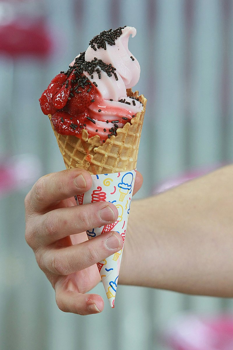 A waffle cone with yogurt and toppings at 3 Flamingos Frozen Yogurt, 6929 JFK Blvd., in Sherwood.