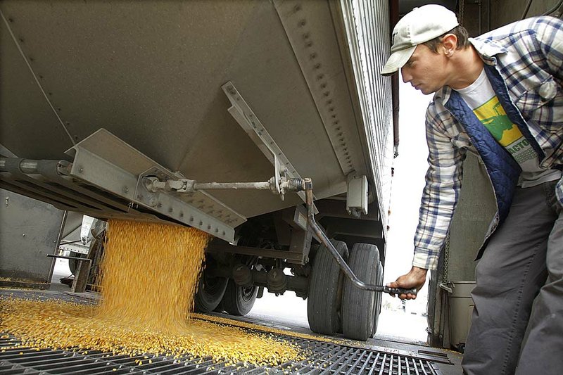 Farmer Adam Wallace unloads corn from his truck at the Archer Daniels Midland grain elevator near Curran, Ill., in October. Corn futures surged Wednesday. 