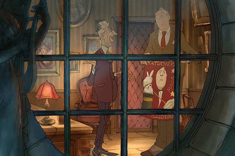 The manager of the Emporium Theatre (left) greets Tatischeff the magician in Sylvain Chomet’s The Illusionist. 
