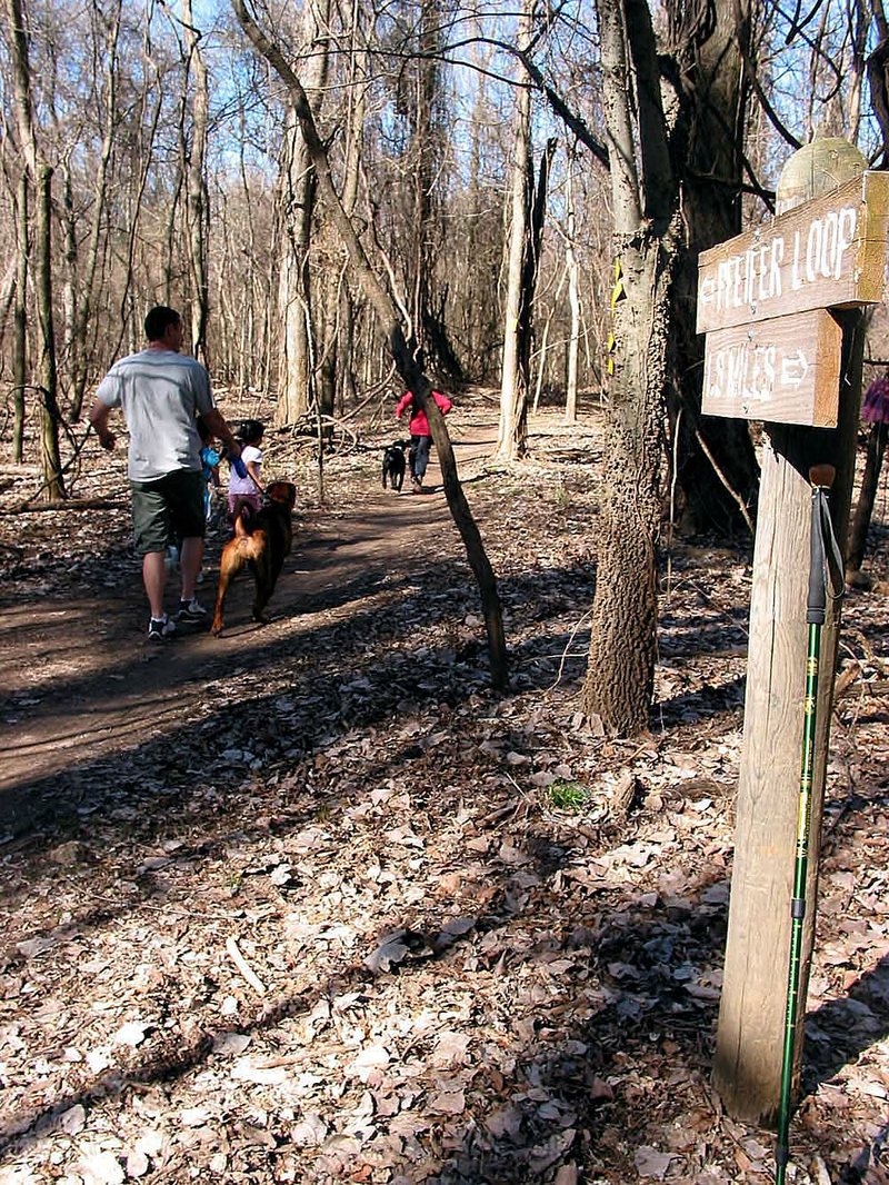 Family members take advantage of a warm winter weekend by walking their dogs on the Pfeifer Loop. 