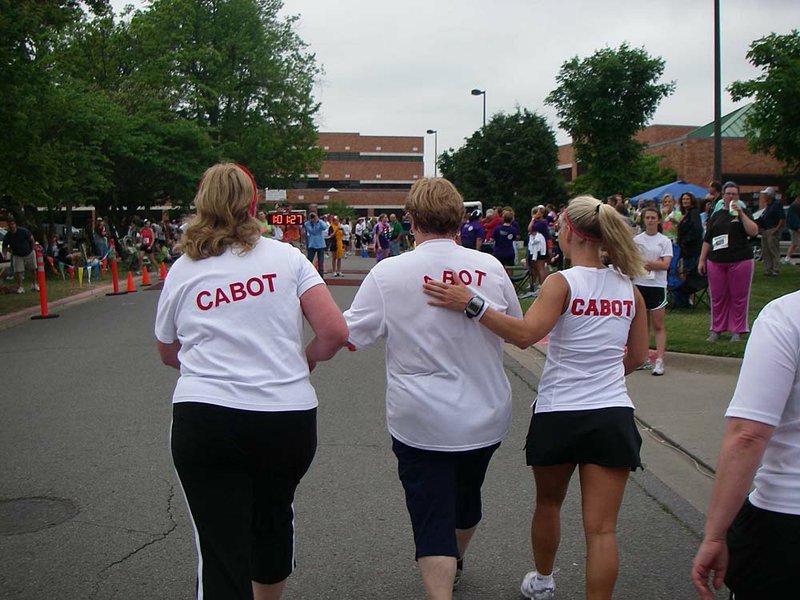 Friends who met in one of Women Run Arkansas’ annual women’s running and walking clinics reach the finish line of the 2008 Women Can Run/Walk 5K in Conway. About to begin their 14th season, the 10-week fitness-training clinics are led by volunteers in 40 communities.


