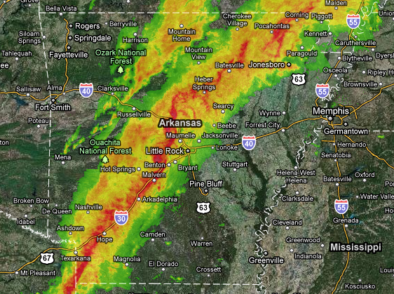 A radar map shows the line of storms moving through Arkansas on Thursday, Feb. 24, 2011.
