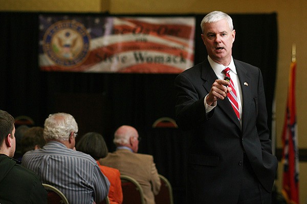 U.S. Rep. Steve Womack, R.-Ark., speaks Thursday about the federal budget during a town hall meeting at the Northwest Arkansas Convention Center in Springdale.
