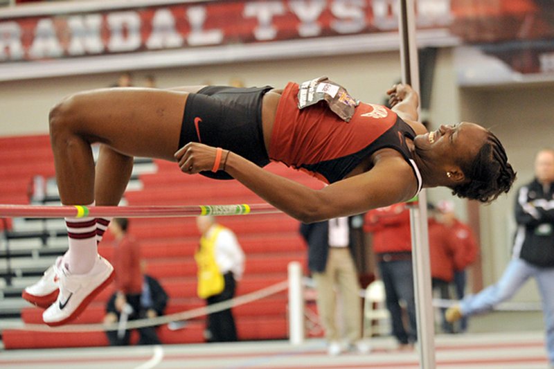 Arkansas sophomore Makeba Alcide clears the bar in the high jump during Friday’s pentathlon at the SEC Indoor Track and Field Championships at the Randal Tyson Track Center in Fayetteville. Alcide finished fourth in the event for the Razorbacks, who are tied for third in the team standings. 