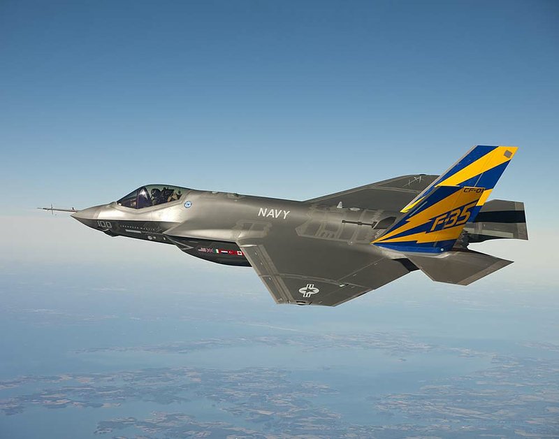An F-35 fighter conducts a test flight over Chesapeake Bay earlier this month. 