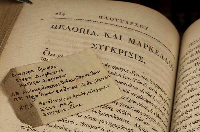 Notes in Greek that scholars say were written by Thomas Jefferson were found tucked in this volume of Plutarch’s Lives in the Washington University collection in St. Louis. 