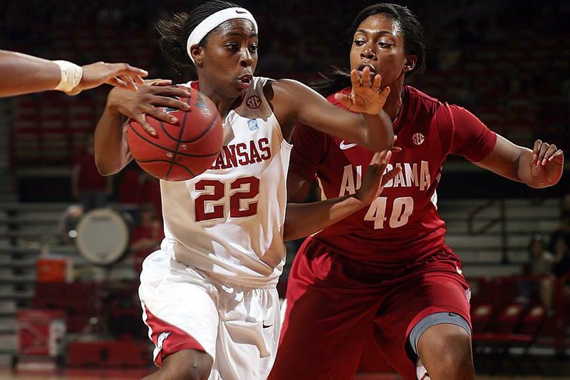 Arkansas’ C’eira Ricketts (22) scored 28 points and had seven assists, but the Razorbacks lost 92-79 to Alabama on Sunday at Walton Arena. 