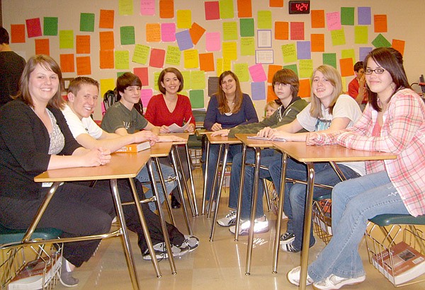 Gravette High School ninth Grade Quiz Bowl team are, from left, coach Jamie Porter, Joshua Lockhart, Carson Alsup, coach Megan Bassing, coach Alison Schaffer, Brian Smithers, Lacey Newell and Mandy Varner. Not pictured is Tucker Fournier.