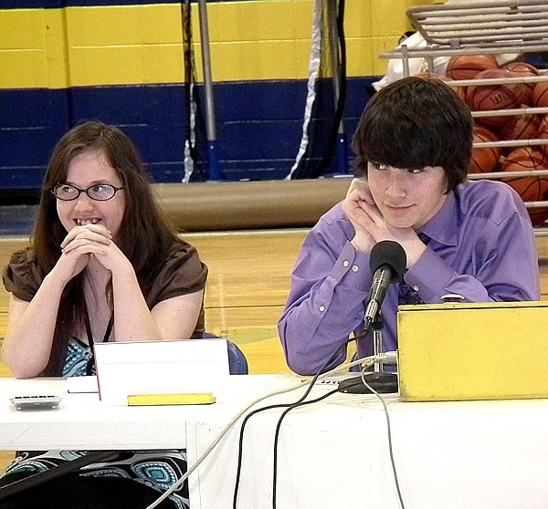 Senior Jessica Varner and junior Sayer Smith answer a question for the Gravette Academic Challenge in Education team during the match last Wednesday. 
