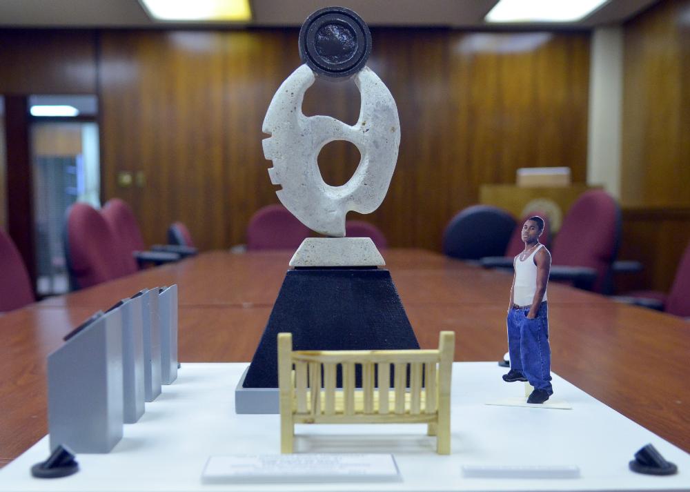 Arkansas Democrat-Gazette/MICHAEL WOODS  --03/08/11-- A model of the "Silas Herbert Hunt Monument" FAYETTEVILLE, Ark.  The University of Arkansas Public Art Oversight Committee announced its first public art project to be installed on the University of Arkansas campus  a monument to Silas Hunt, which will be created by artist Bryan Massey.