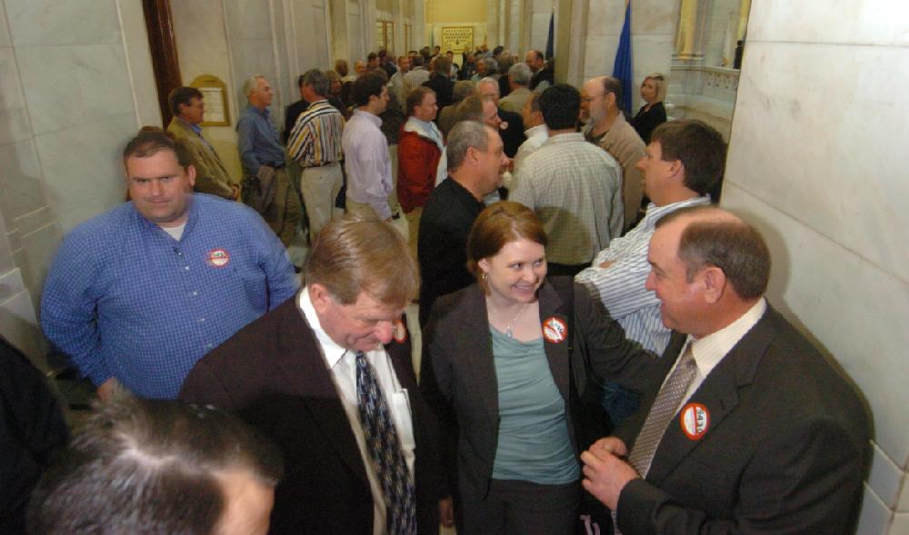 Arkansas Democrat-Gazette/STEVE KEESEE 3/8/11 The overflow crowd Tuesday had to stand outside the Senate Committee on Agriculture, Forestry and Economic Development Tuesday during debate on a rice bill SB430.