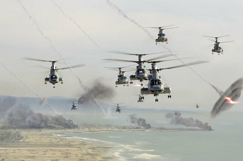 U.S. Marine helicopters respond to a first strike by aliens in Battle: Los Angeles. 
