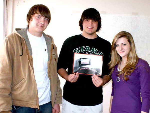 Members of the Gravette High School E.A.S.T. which designed the nationally recognized testing survey and poster project. From the left, TJ Chevallier, Cody Montee and Shelby Newell.
