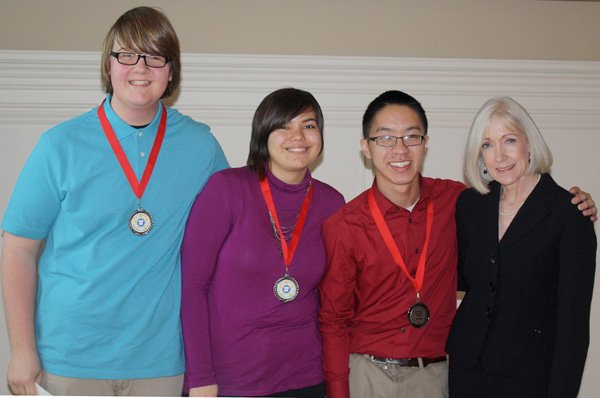 GHS Culinary Arts students, who placed second in state competition recently at Little Rock, are: Jacob Scott (left), Megan Galvan and Victor Vang, with Arkansas First Lady Ginger Beebe.