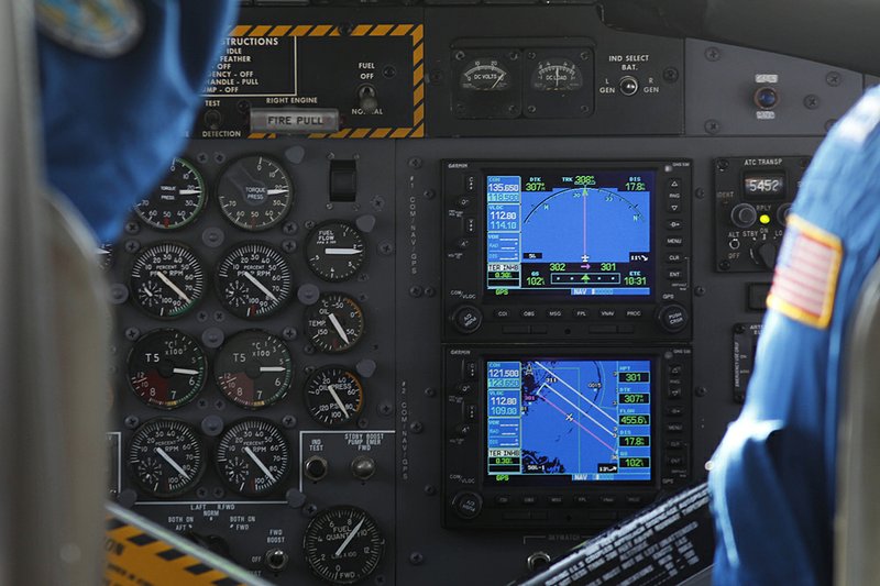 A cockpit GPS shows the search area as scientists conduct an airborne survey of marine mammals and sea turtles after the Deepwater Horizon oil spill last year in the Gulf of Mexico. 